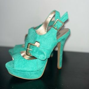 Teal suede buckle open toe high heels!
